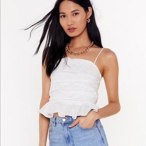 nasty gal ruched spaghetti strap ruffle crop top